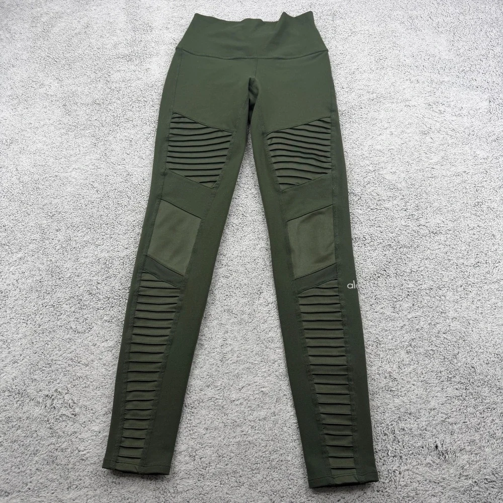 Alo Yoga High Waisted Moto Leggings Womens XS Forest Green Mesh Stretch Pants